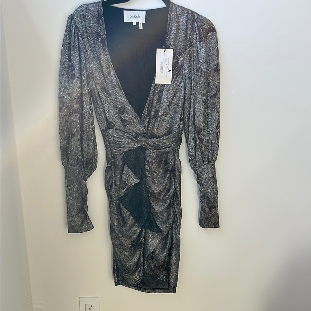 ba&sh Silver Bodycon Dress with Bishop Sleeves